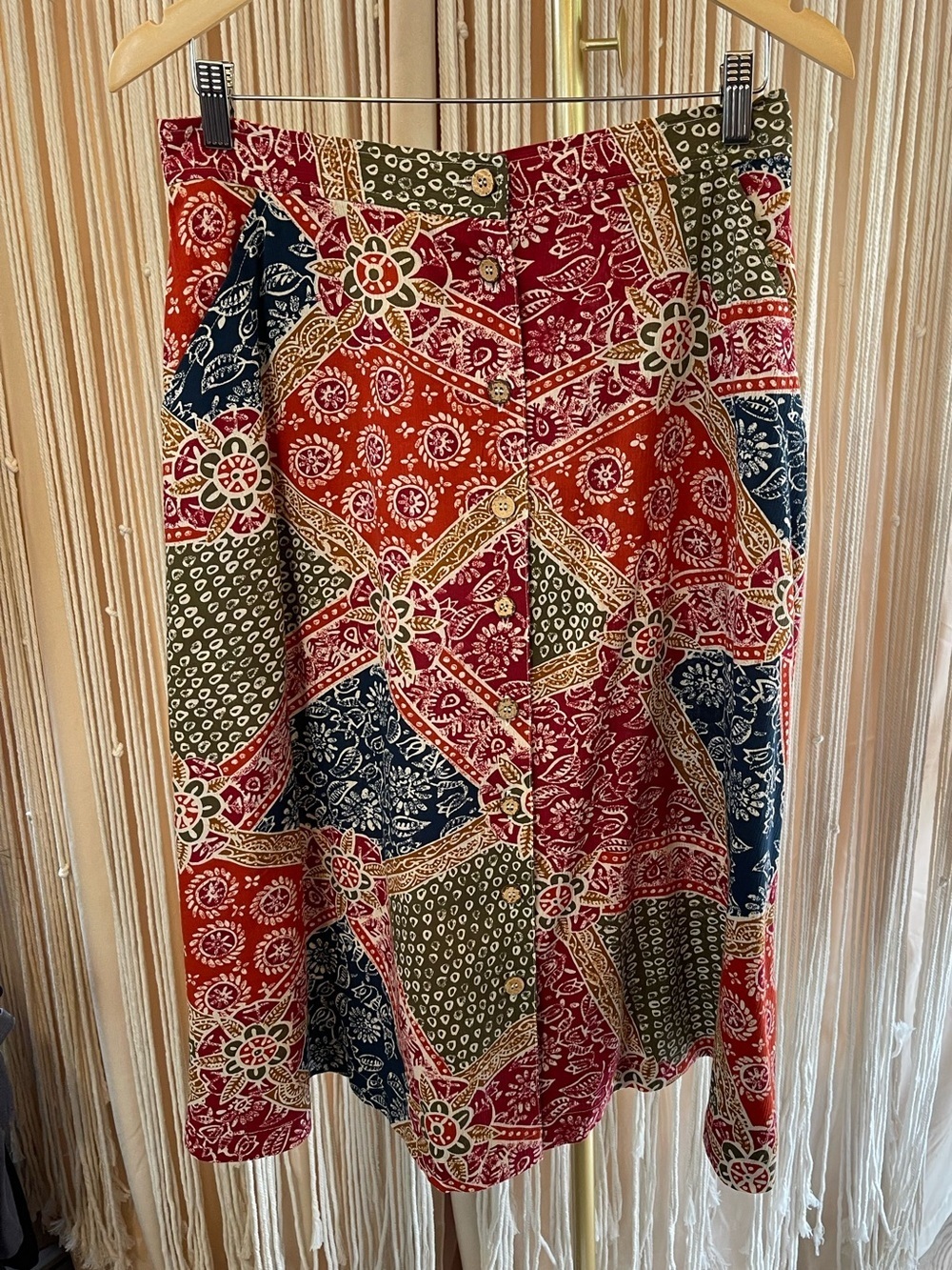 90s vintage skirt batik style block print multicolor wooden buttons pockets boho